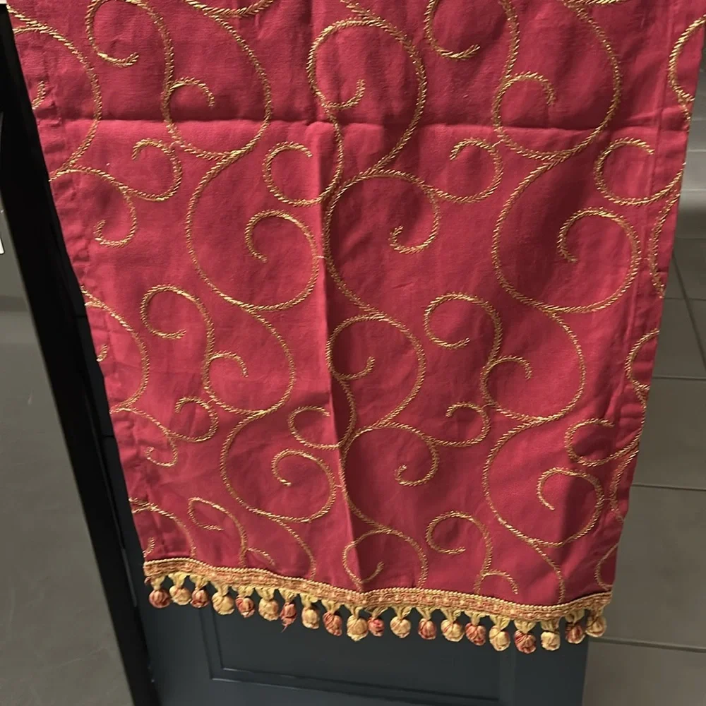 Bovi Italian dark cherry and gold embroidered table runner w tassels